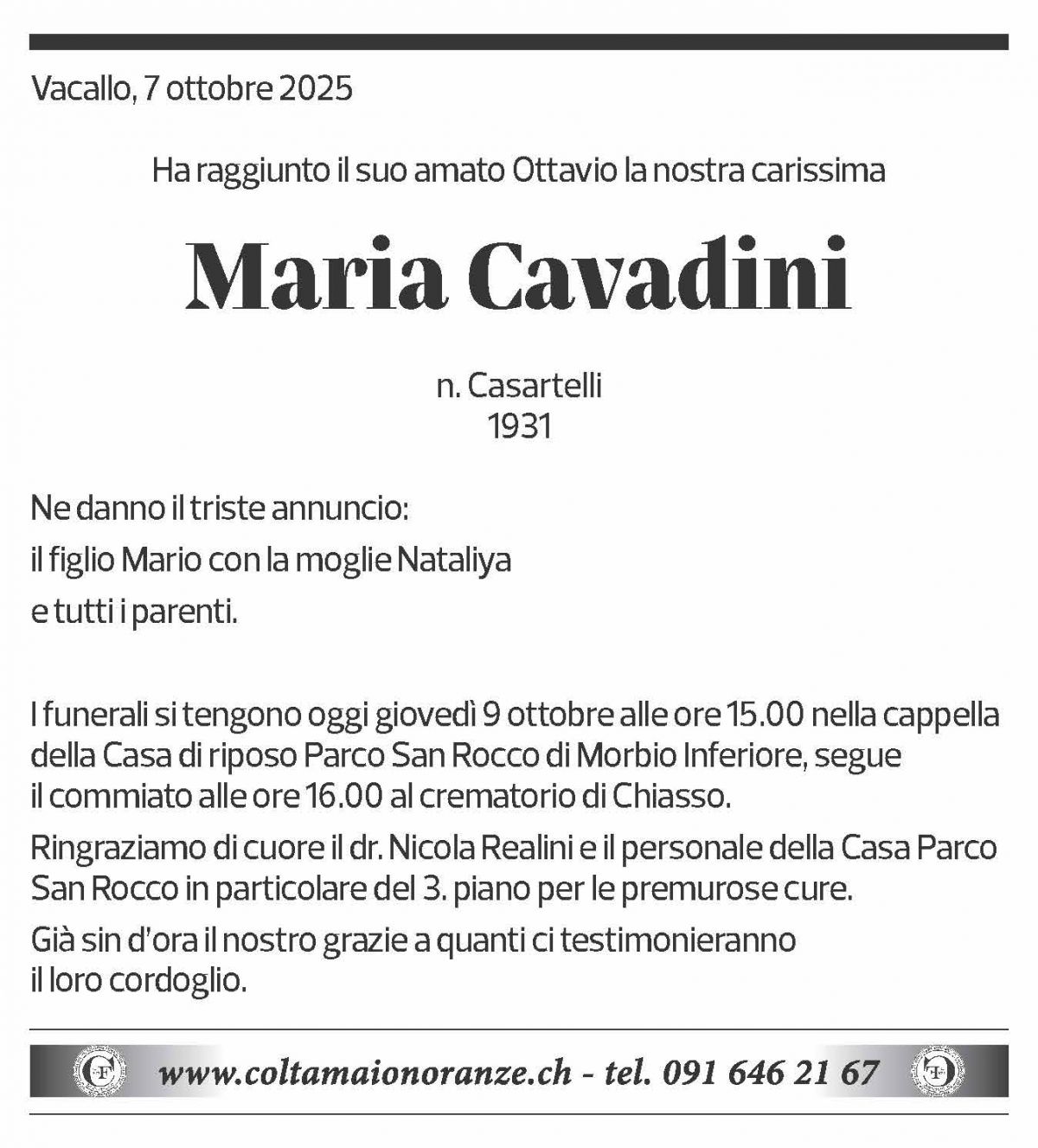Annuncio funebre Maria Cavadini