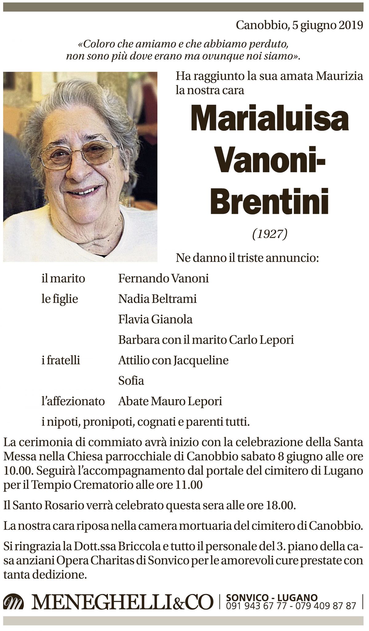 Annuncio funebre Marialuisa Vanoni - Brentini