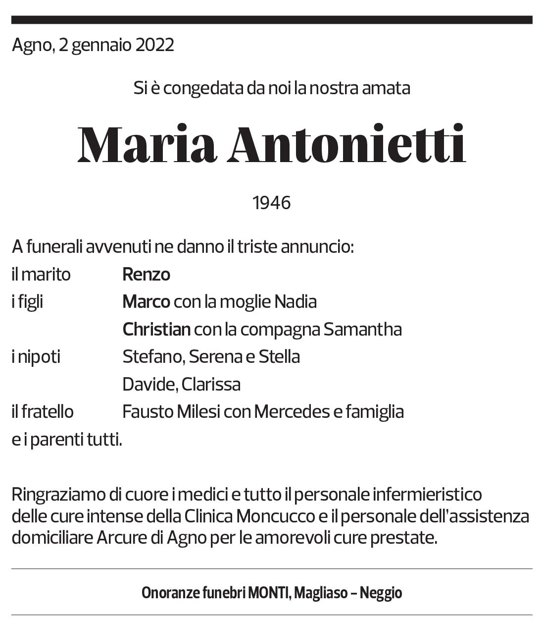 Annuncio funebre Maria Antonietti