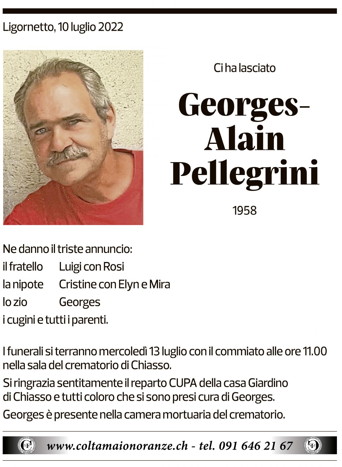 Annuncio funebre Georges-alain Pellegrini