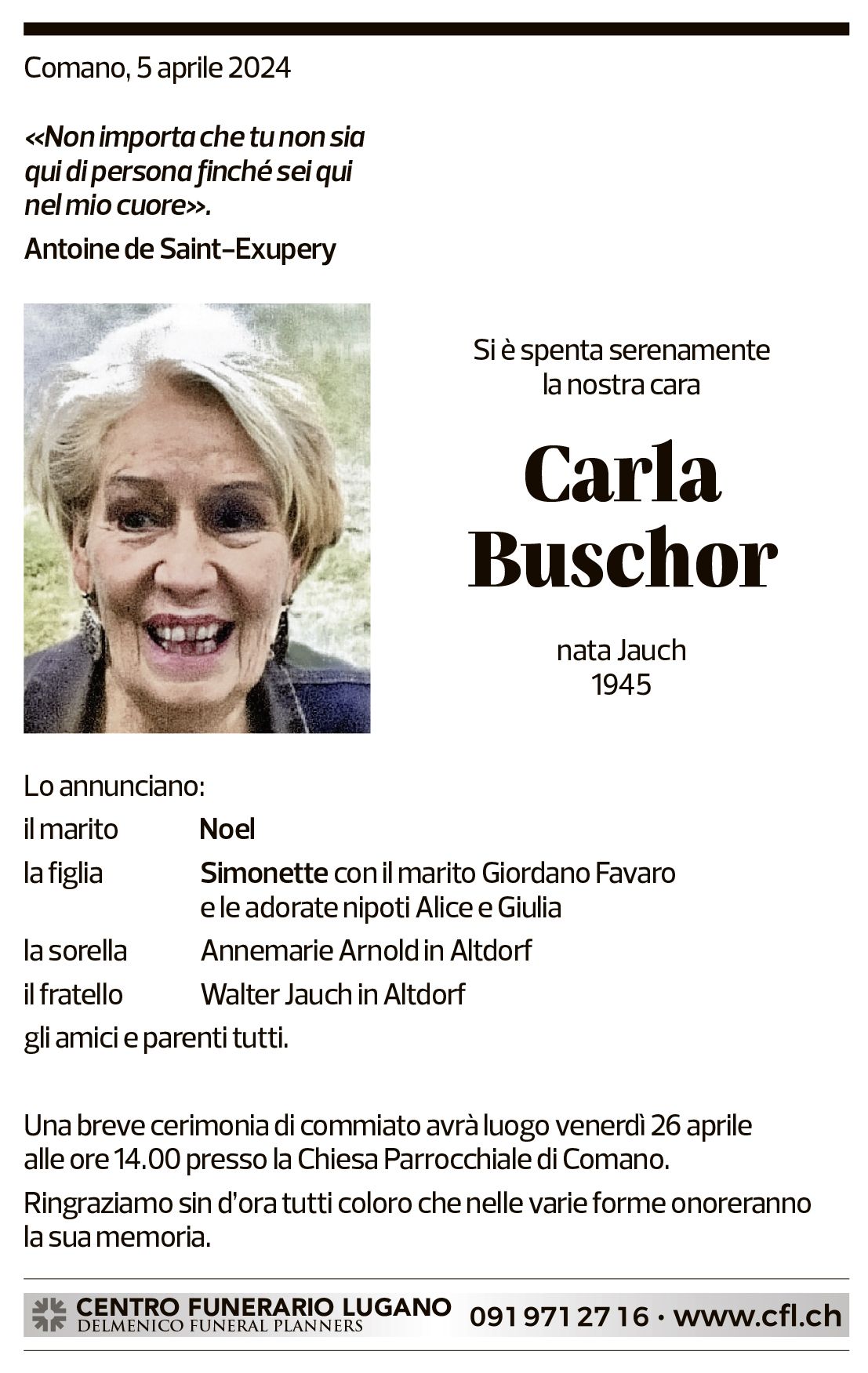 Annuncio funebre Carla Buschor