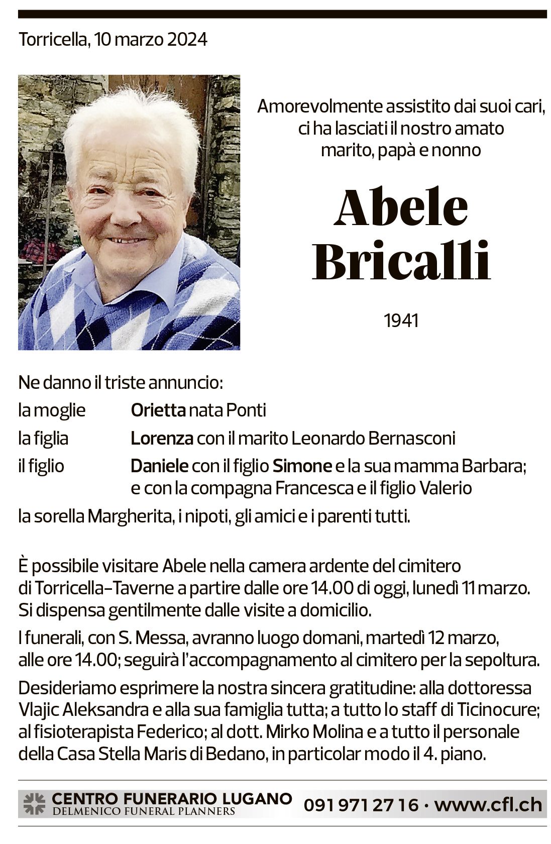 Annuncio funebre Abele Bricalli