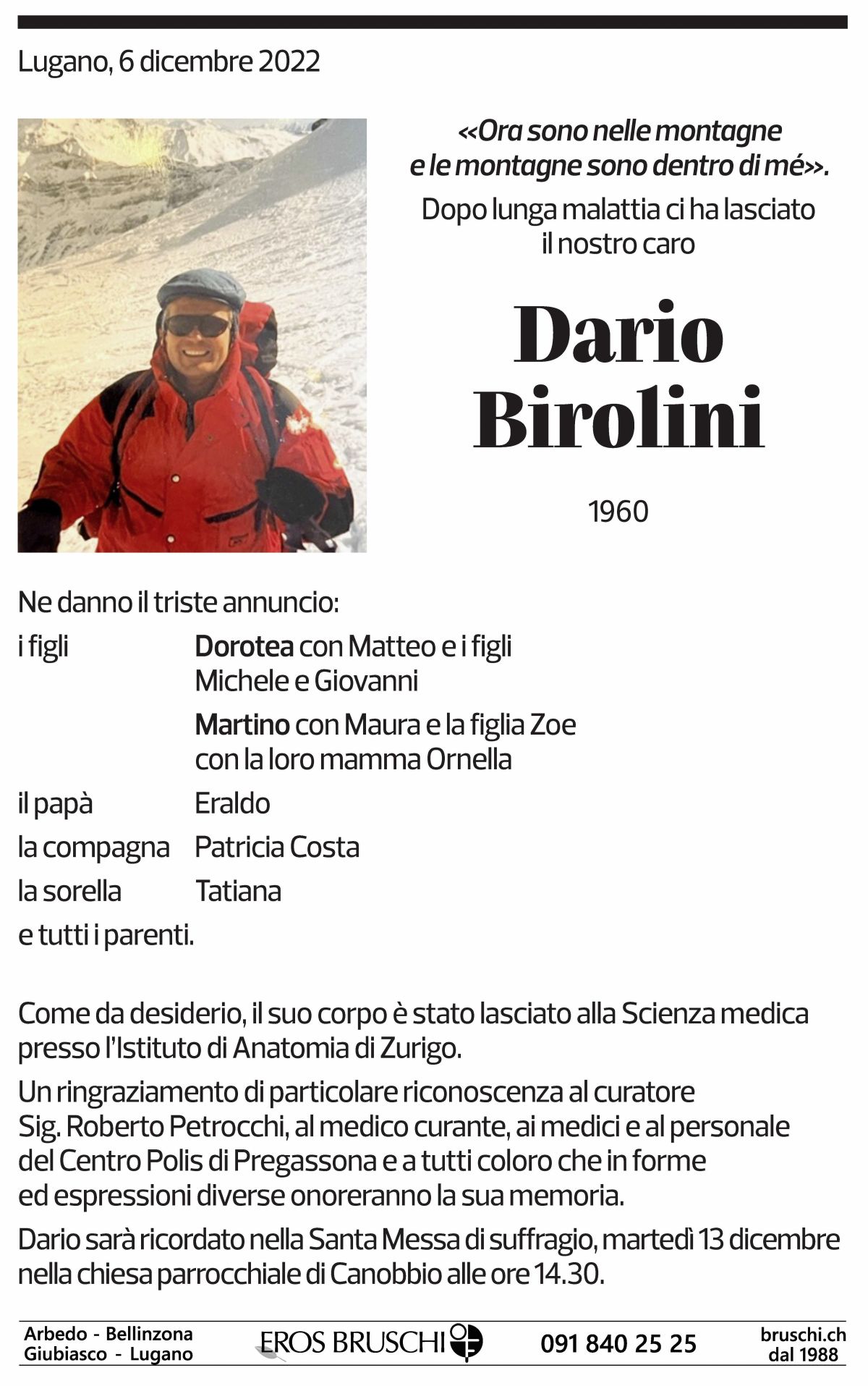 Annuncio funebre Dario Birolini