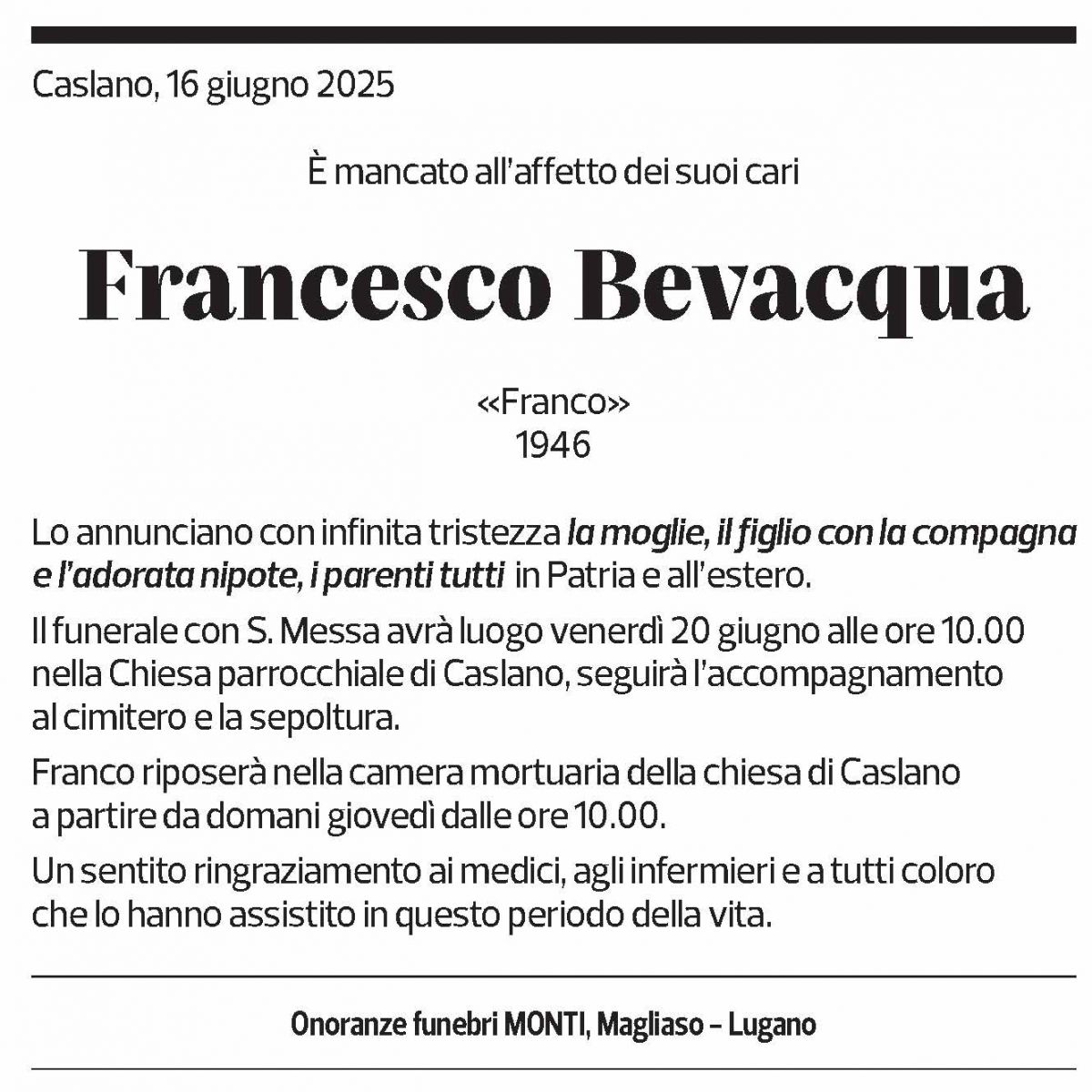 Annuncio funebre Francesco Bevacqua