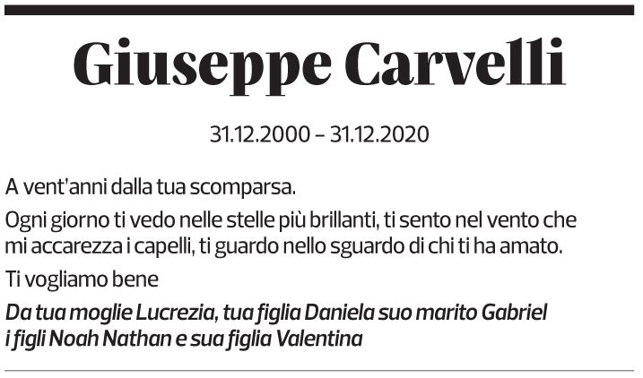 Annuncio funebre Giuseppe Carvelli