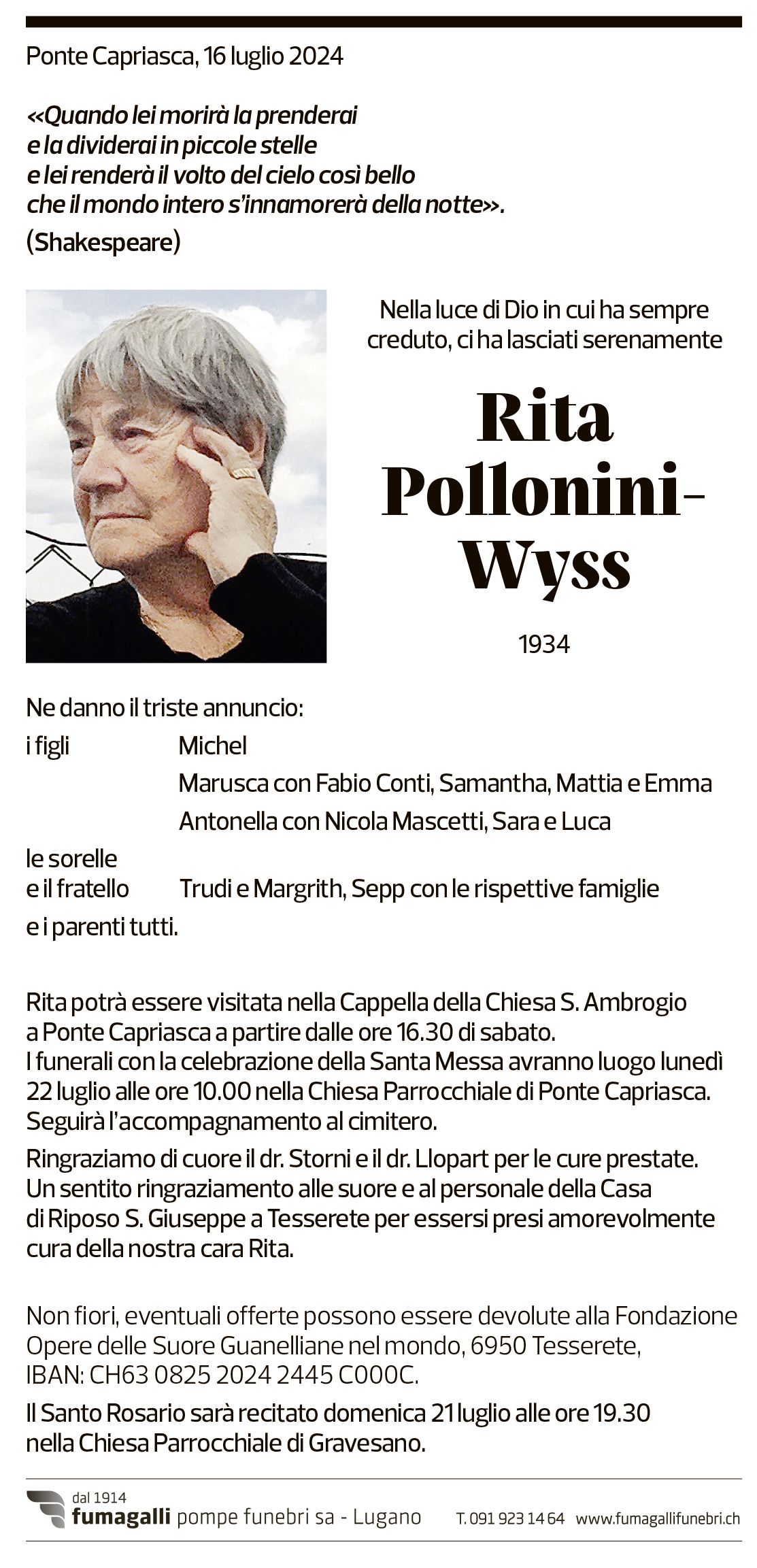 Annuncio funebre Rita Pollonini