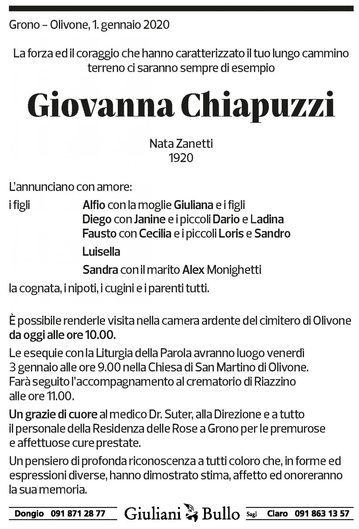 Annuncio funebre Giovanna Chiapuzzi