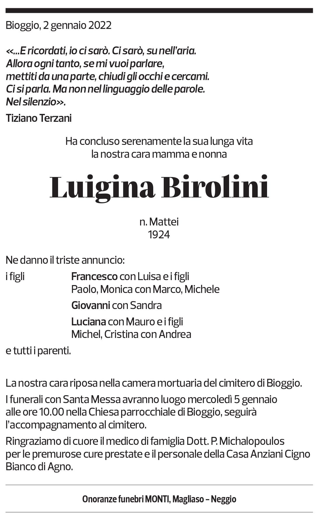 Annuncio funebre Luigina Birolini