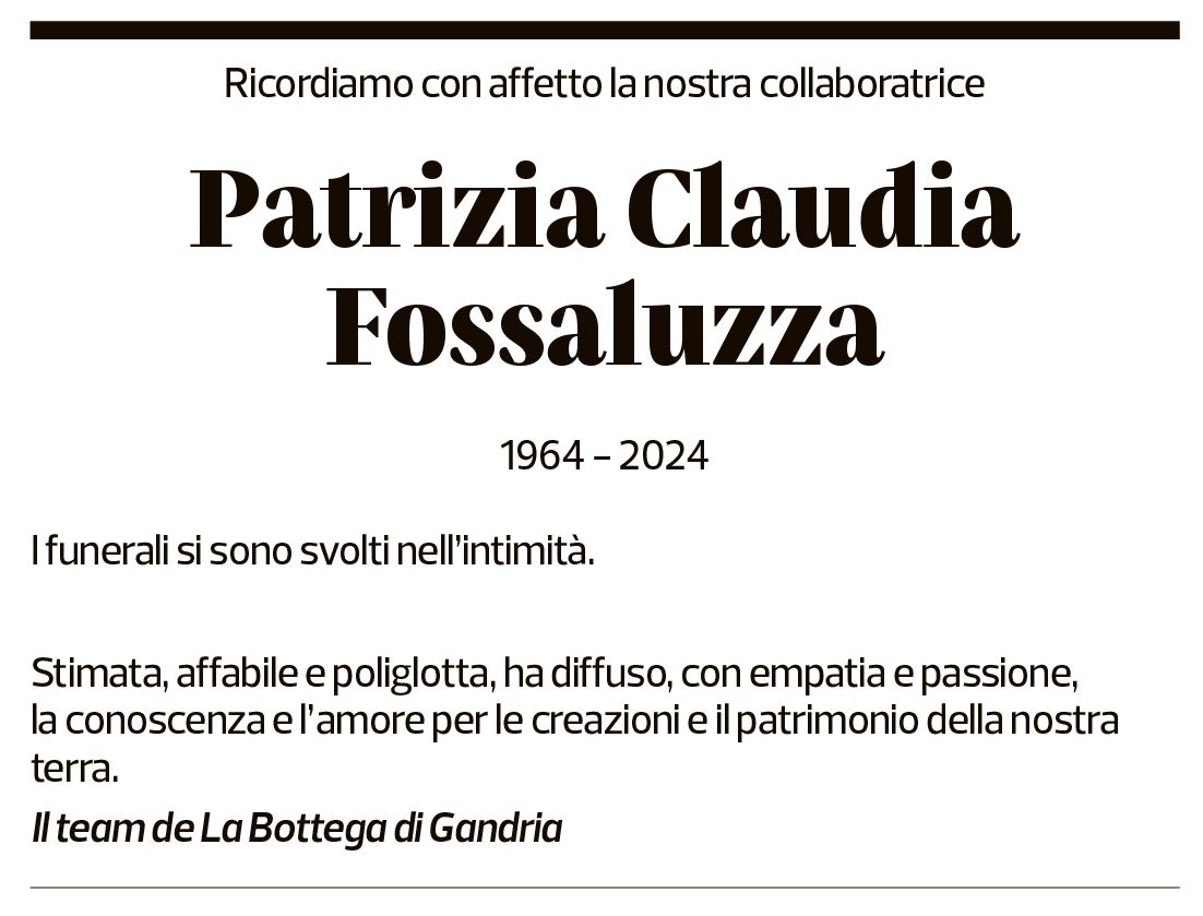 Annuncio funebre Patrizia Claudia Fossaluzza