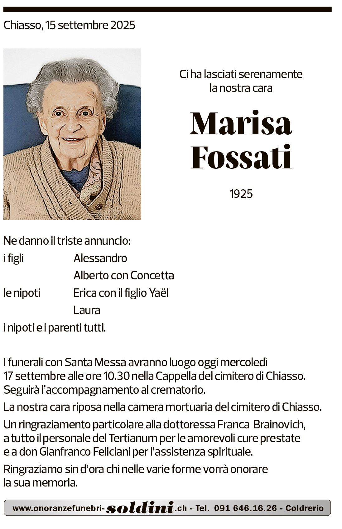 Annuncio funebre Marisa Fossati