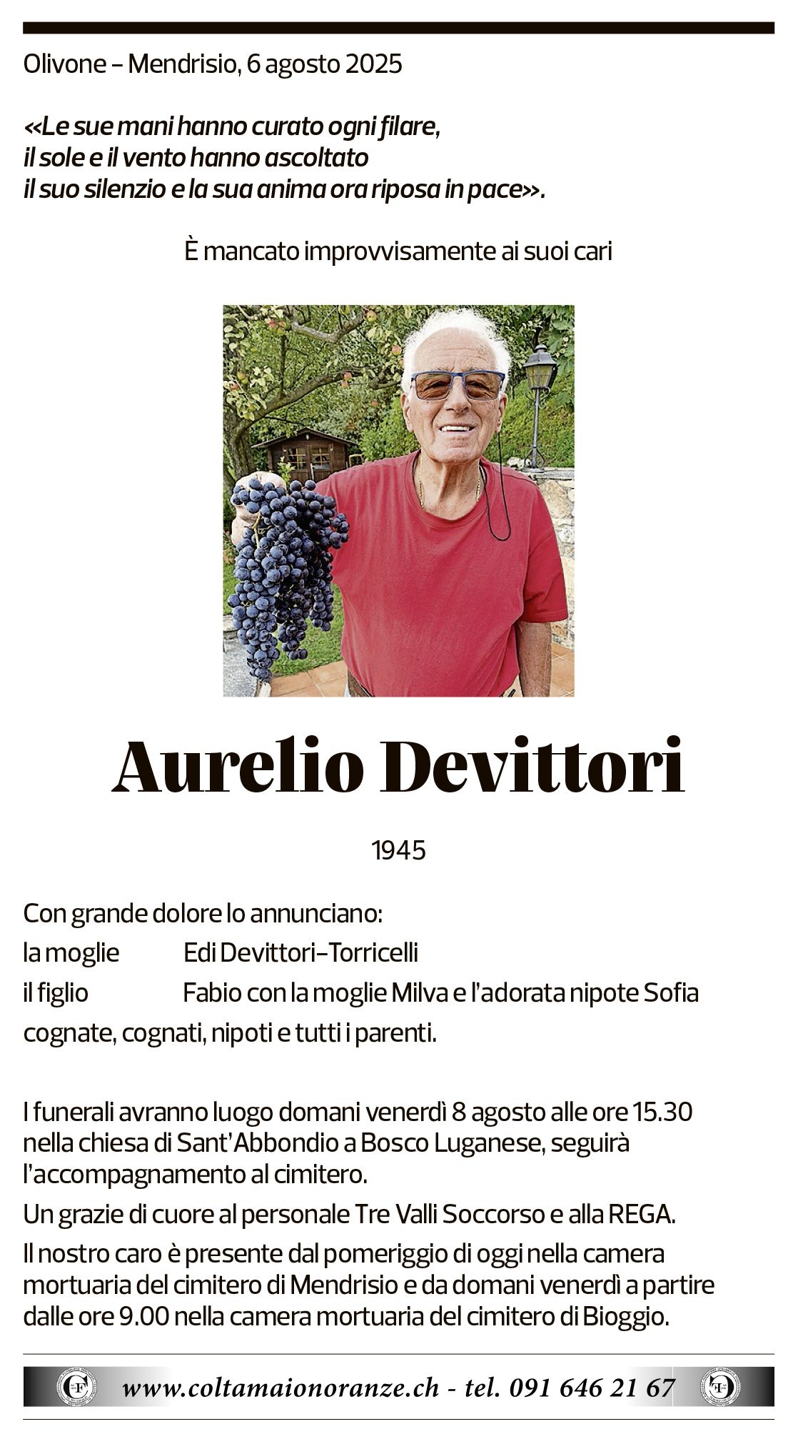 Annuncio funebre Aurelio Devittori