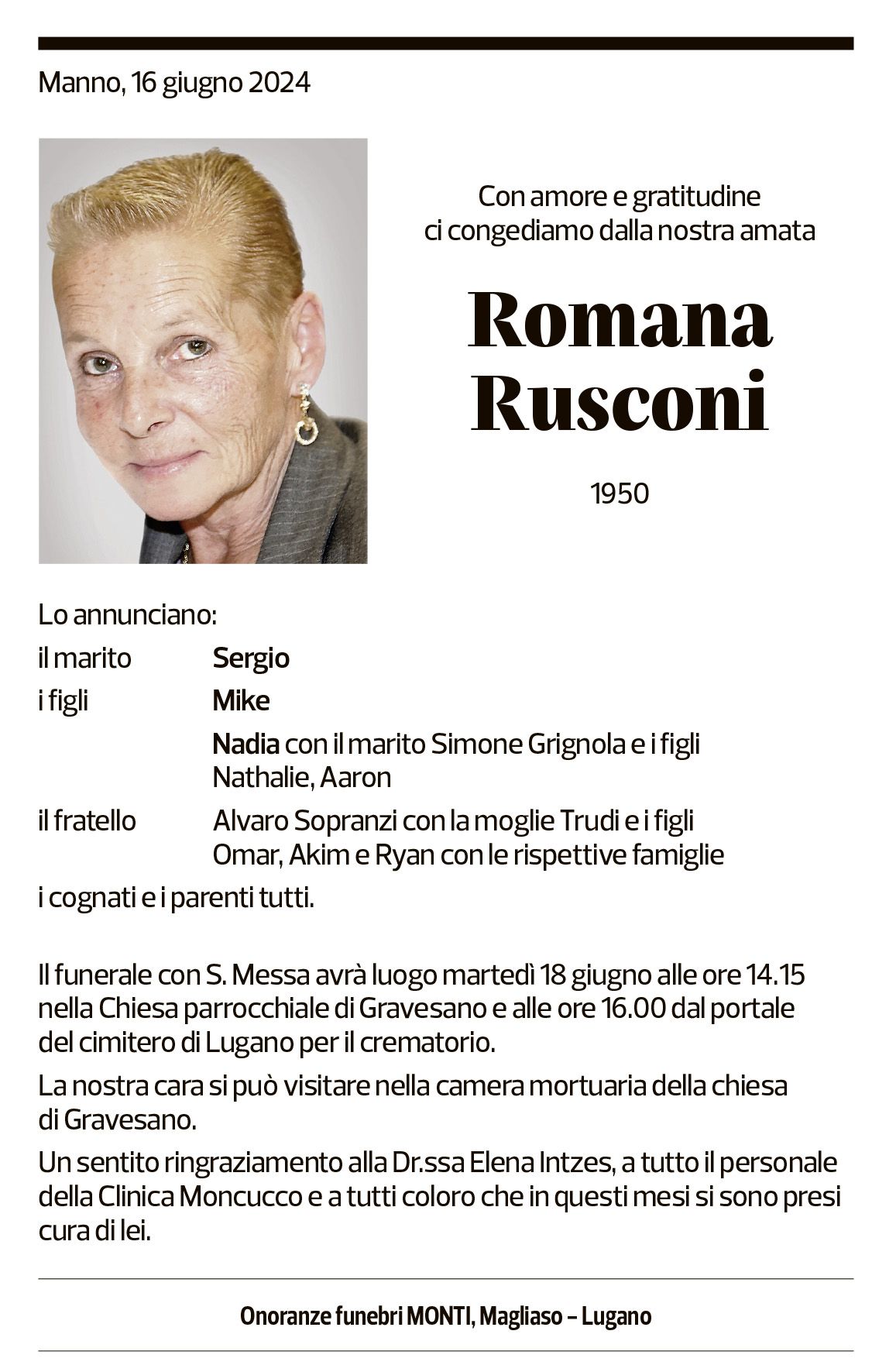 Annuncio funebre Romana Rusconi