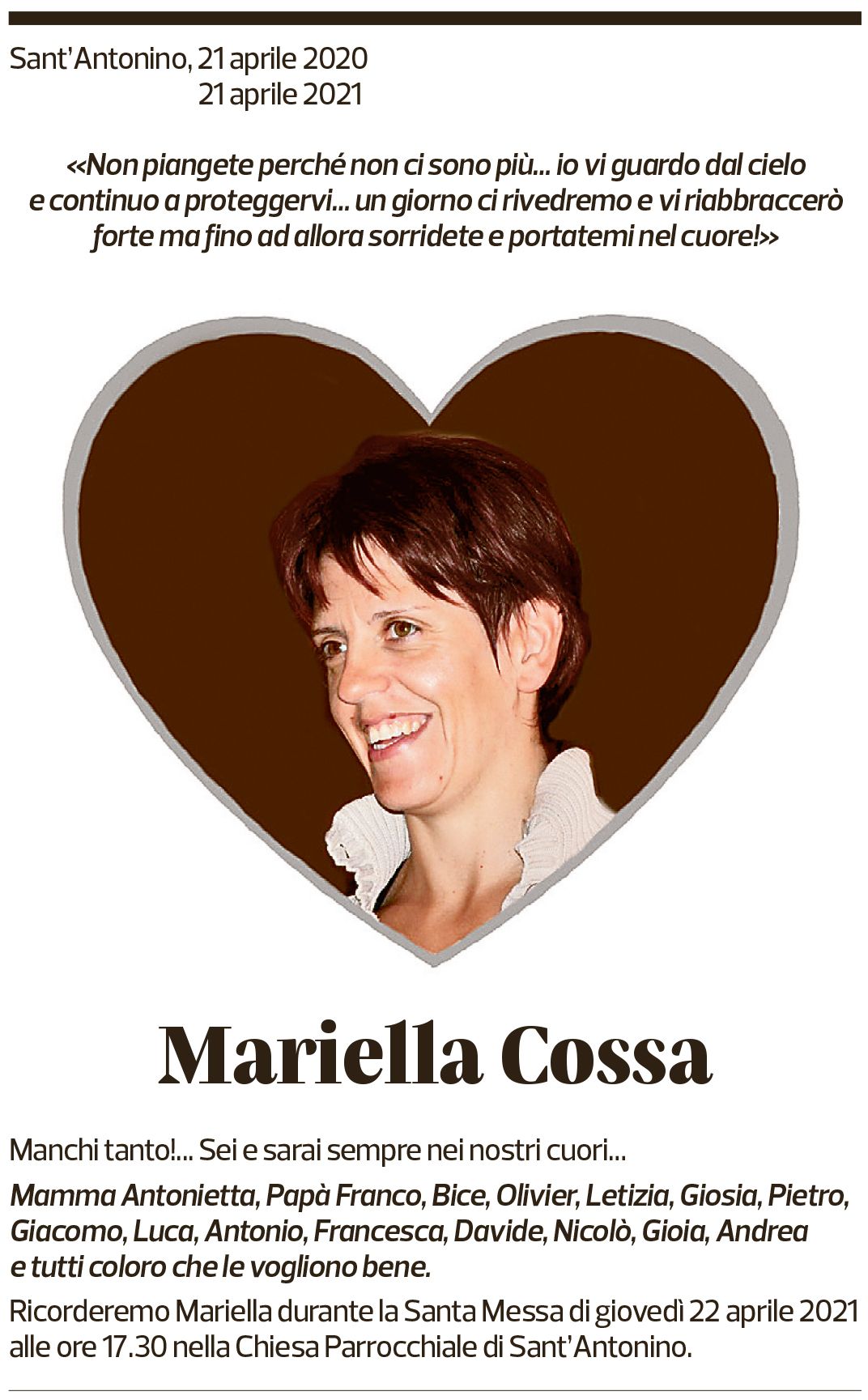 Annuncio funebre Mariella Cossa