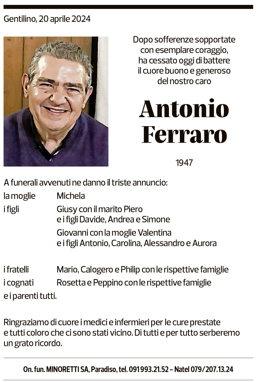 Annuncio funebre Antonio Ferraro