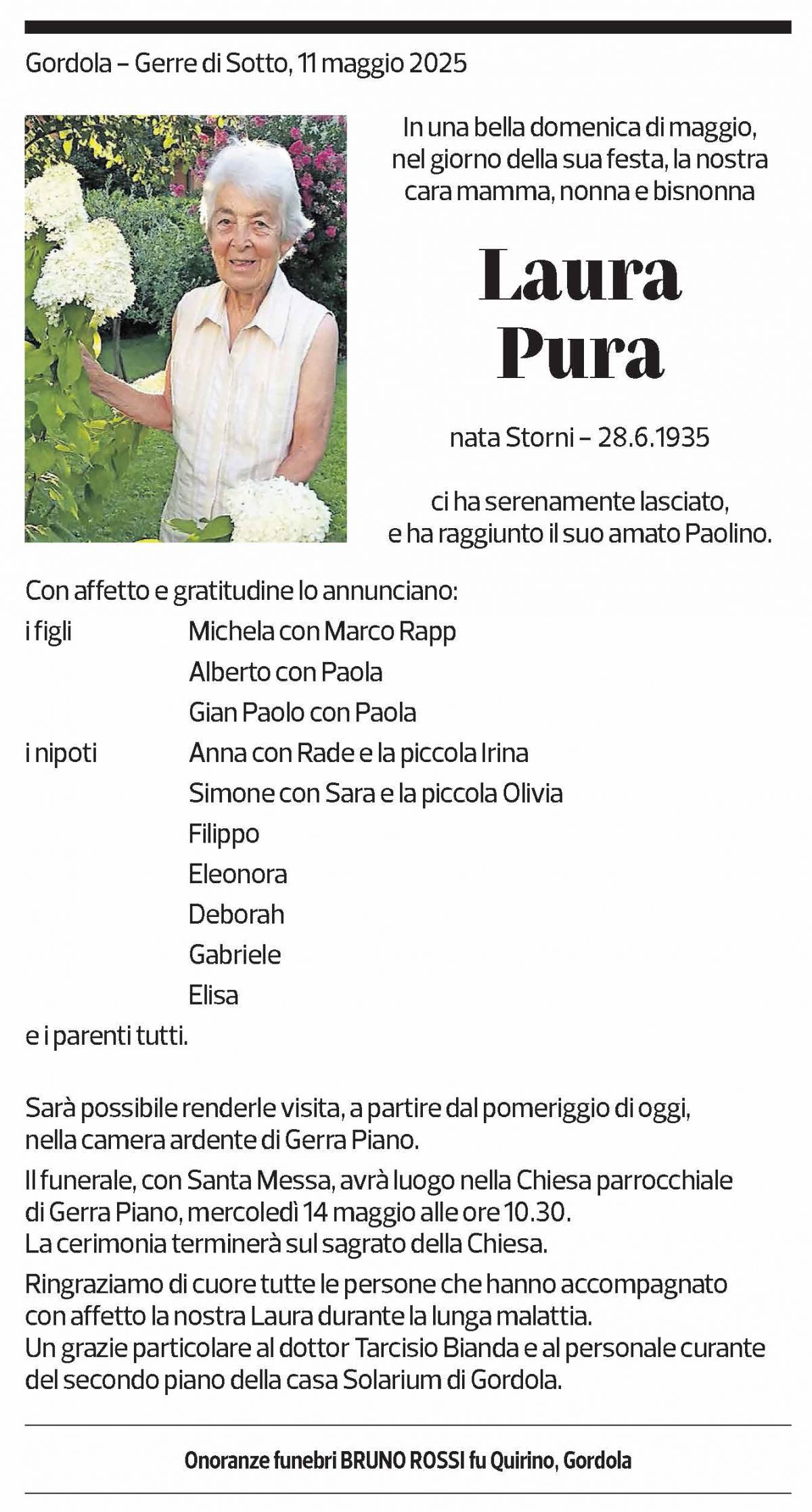 Annuncio funebre Laura Pura