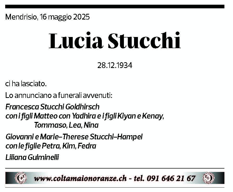 Annuncio funebre Lucia Stucchi