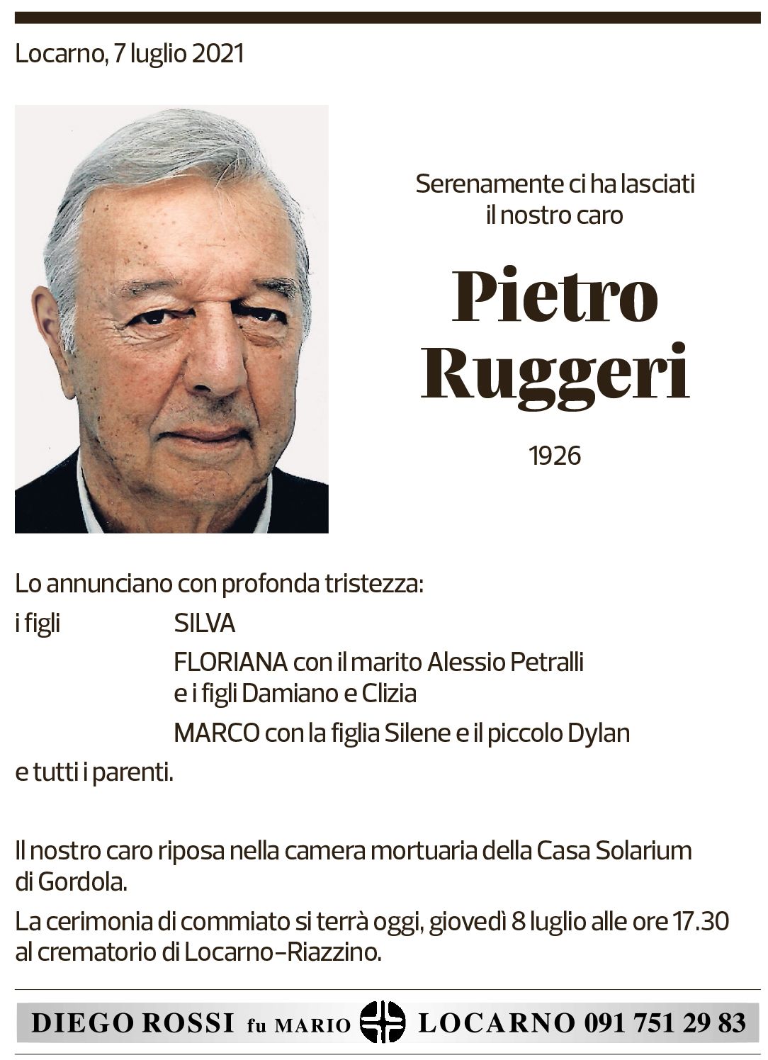 Annuncio funebre Pietro Ruggeri