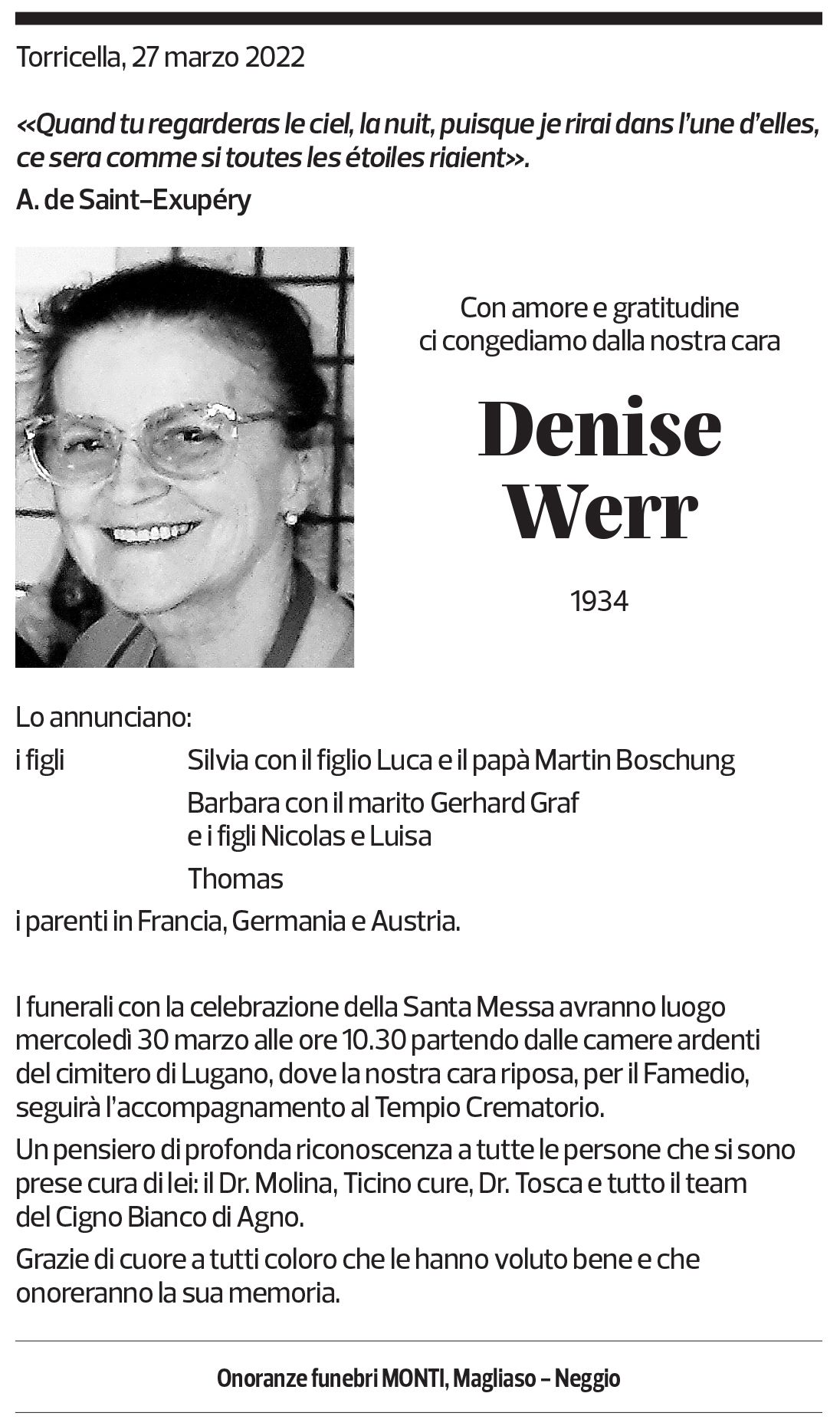 Annuncio funebre Denise Werr