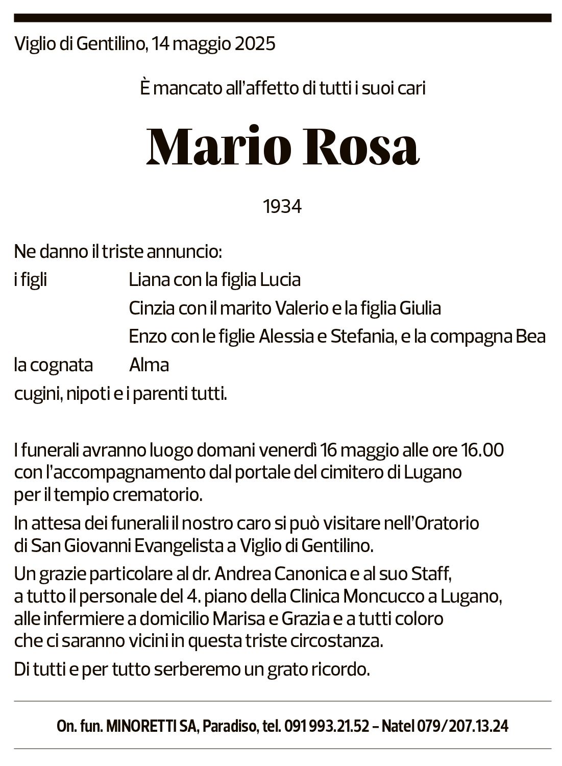 Annuncio funebre Mario Rosa