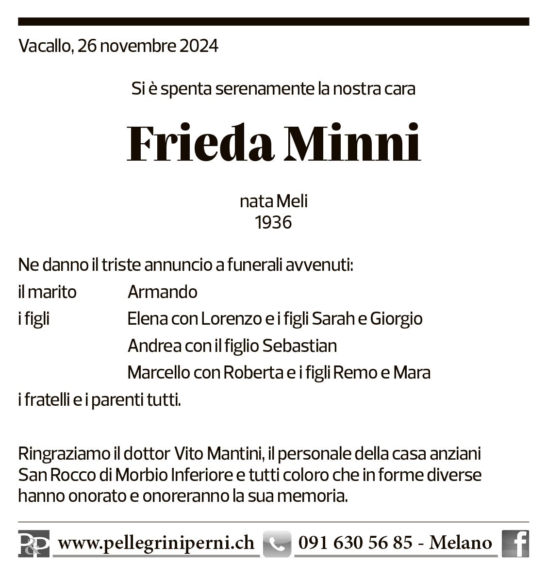 Annuncio funebre Frieda Minni