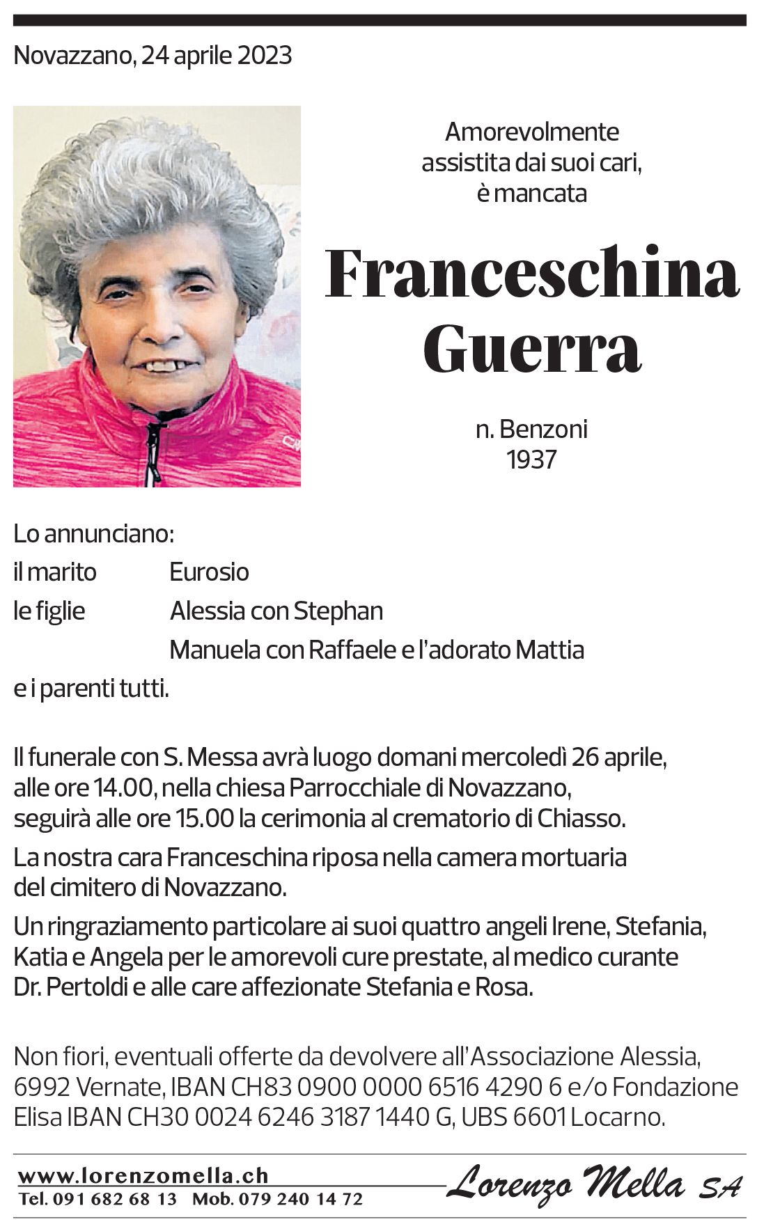 Annuncio funebre Franceschina Guerra