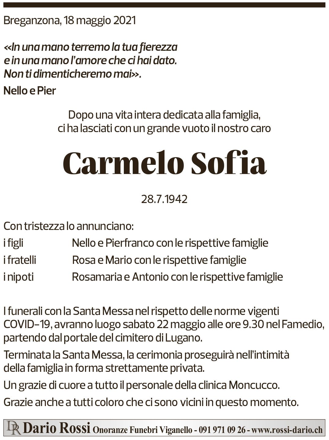 Annuncio funebre Carmelo Sofia