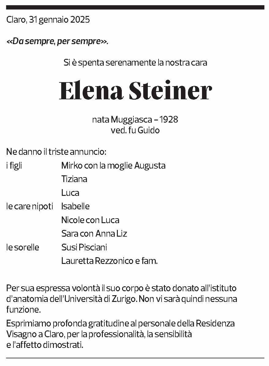 Annuncio funebre Elena Steiner