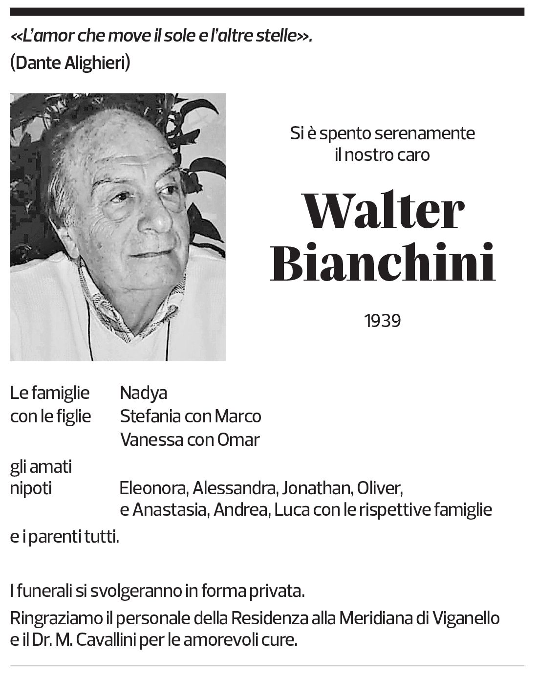 Annuncio funebre Walter Bianchini