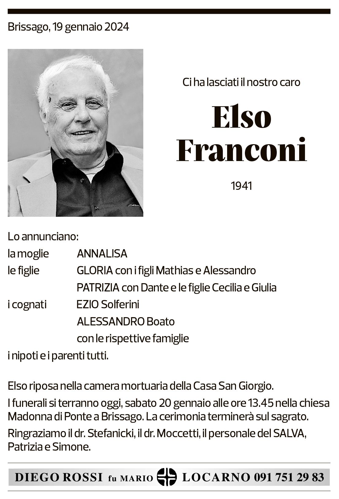 Annuncio funebre Elso Franconi