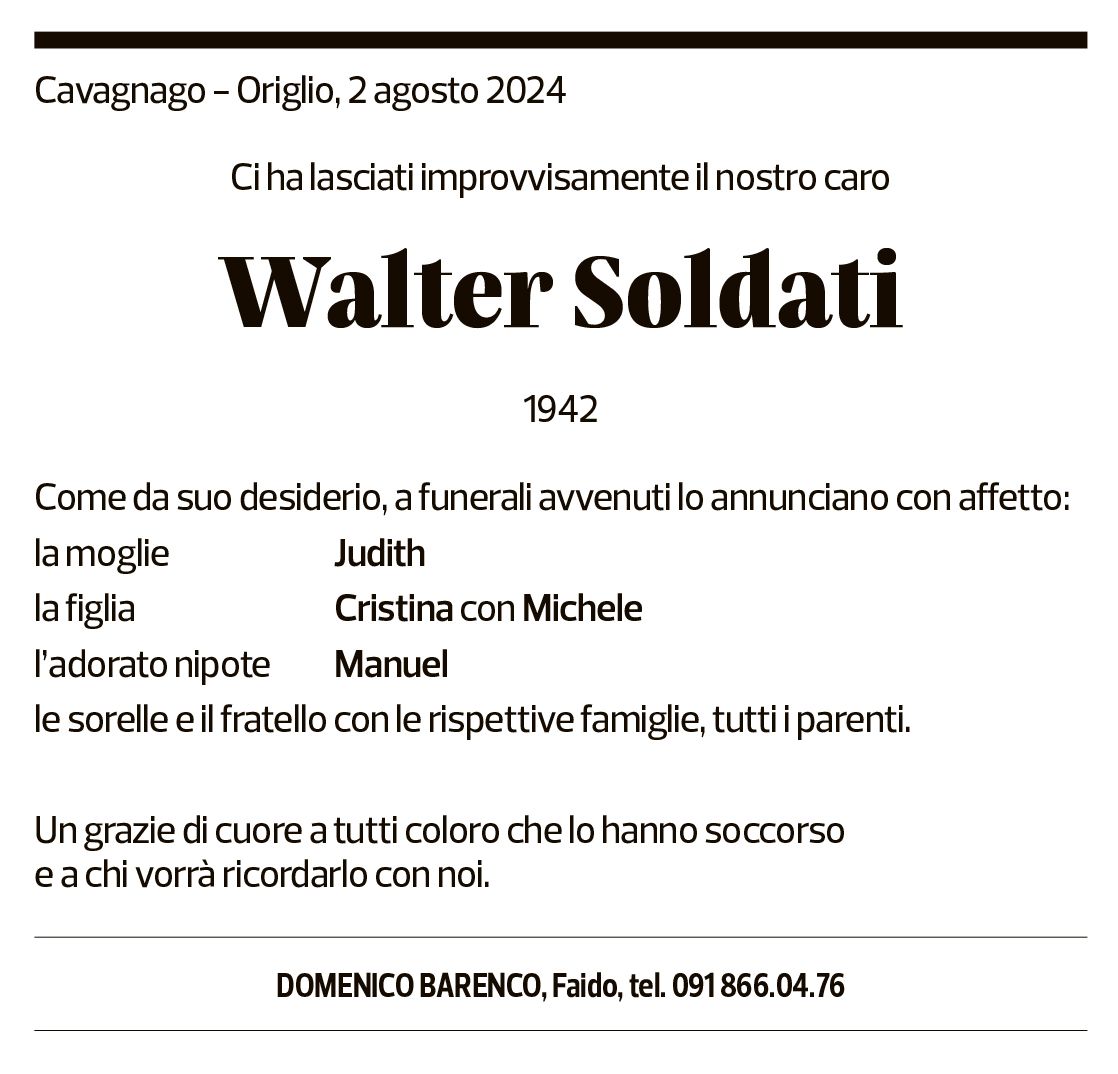 Annuncio funebre Walter Soldati