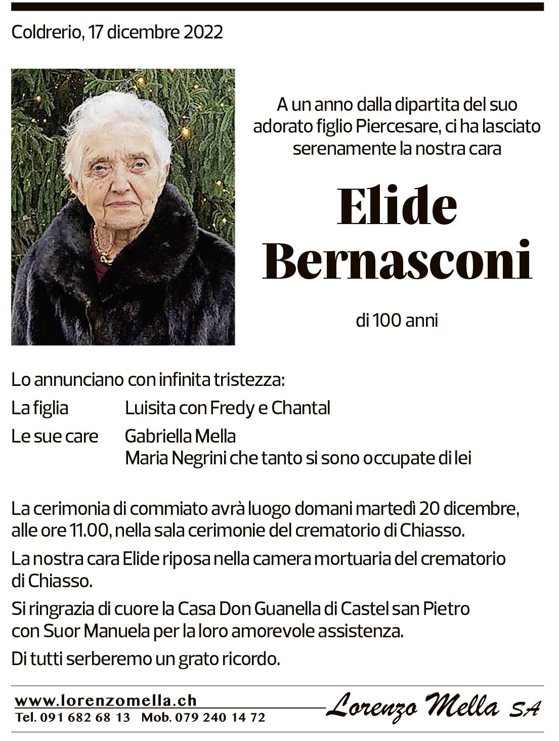 Annuncio funebre Elide Bernasconi