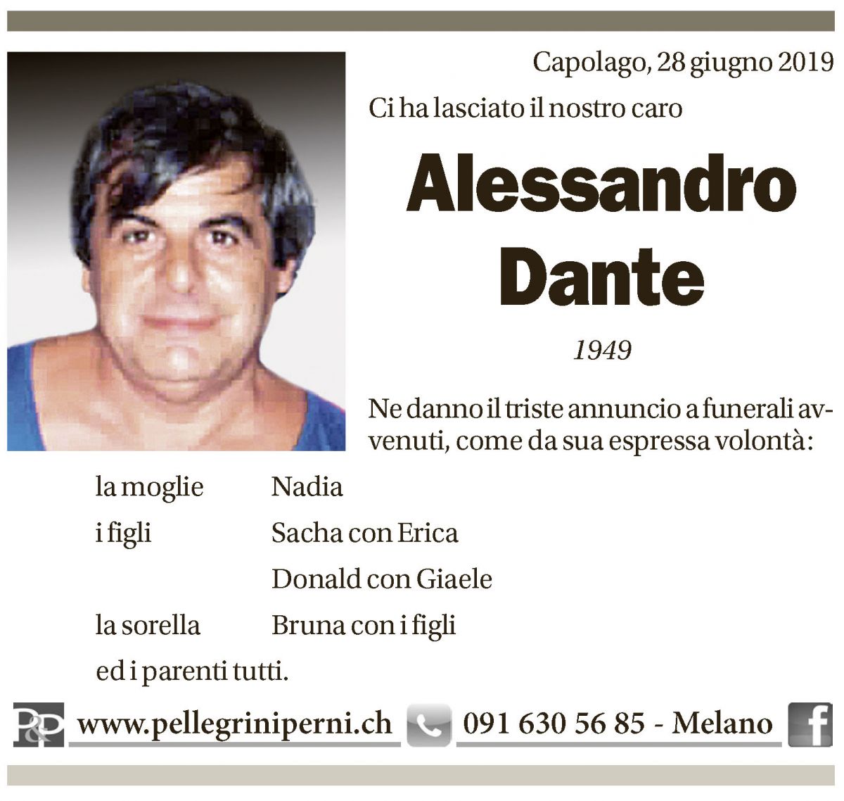 Annuncio funebre Alessandro Dante
