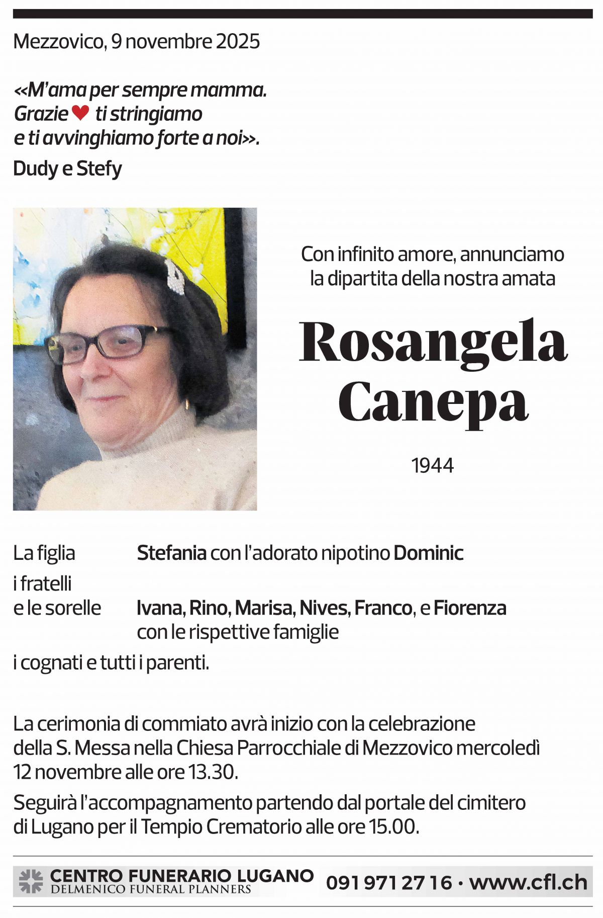 Annuncio funebre Rosangela Canepa