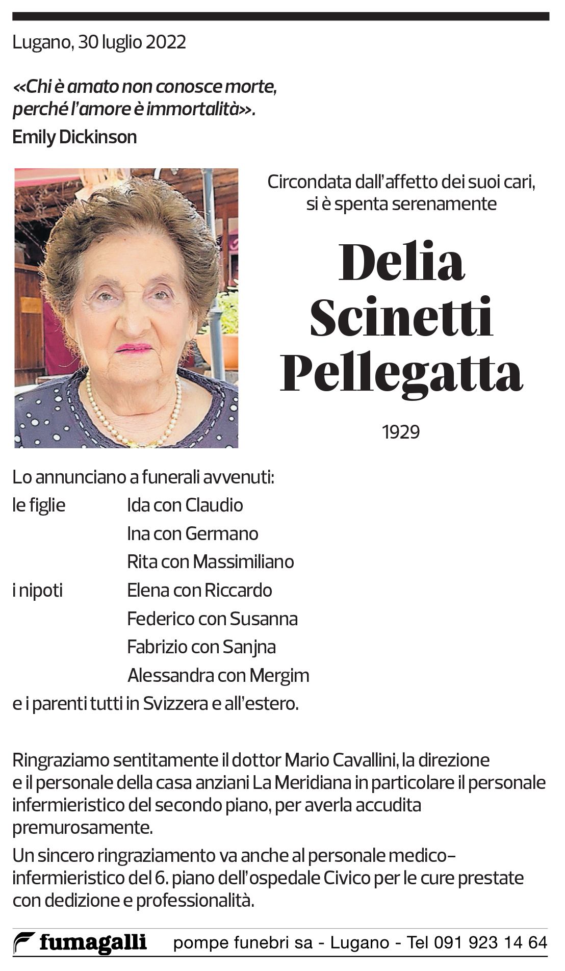 Annuncio funebre Delia Scinetti Pellegatta