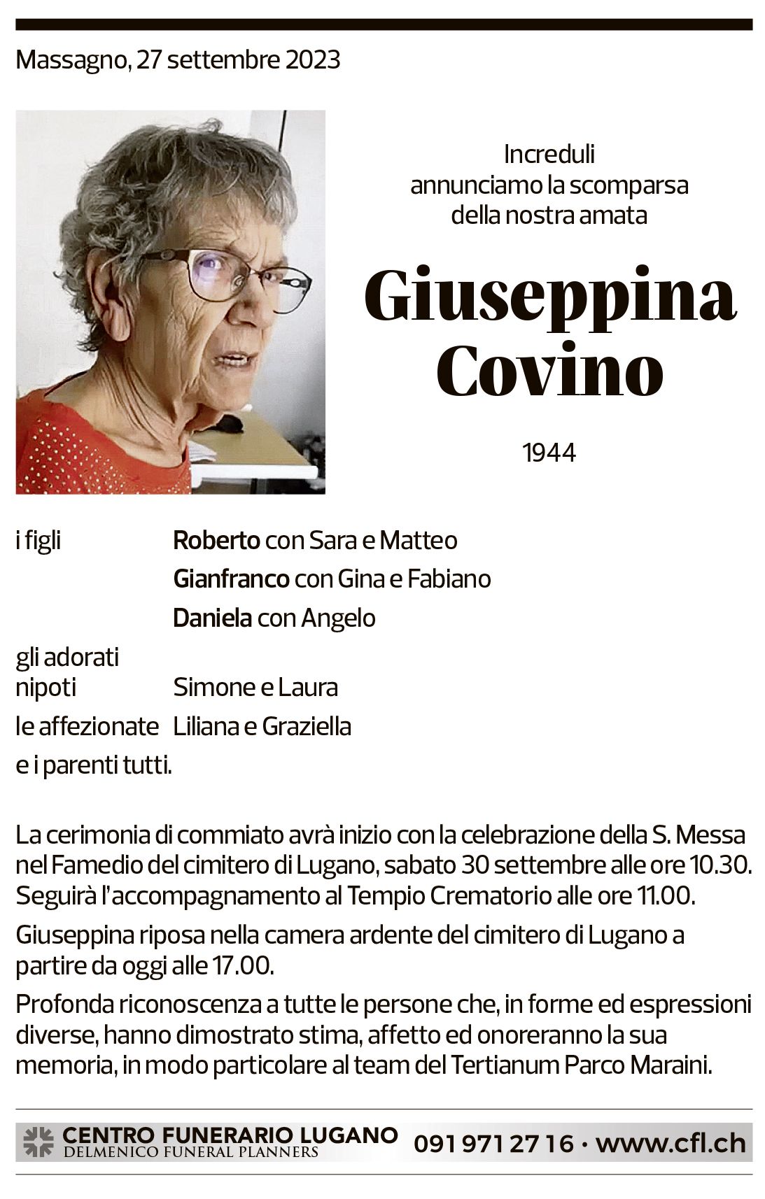 Annuncio funebre Giuseppina Covino