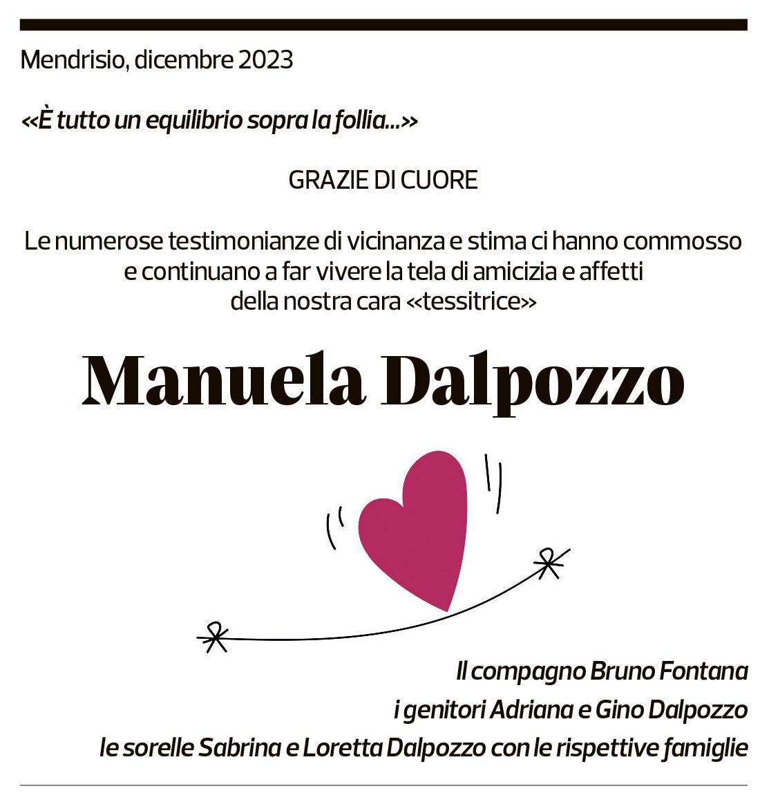 Annuncio funebre Manuela Dalpozzo