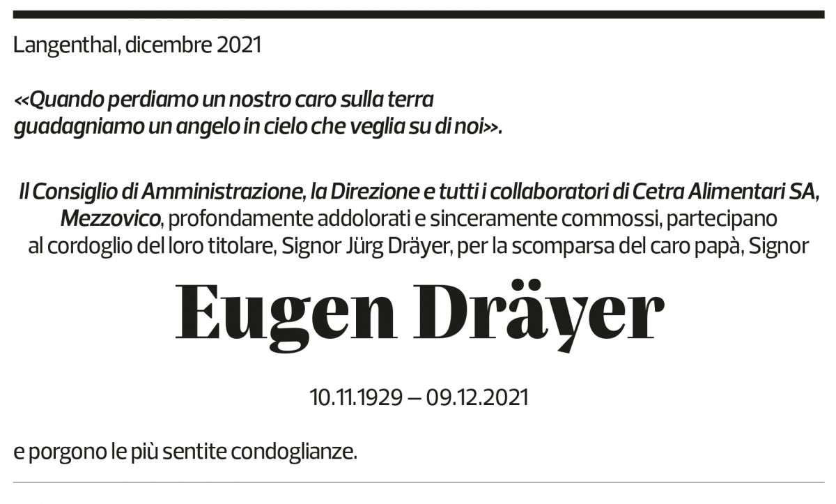 Annuncio funebre Eugen Dräyer