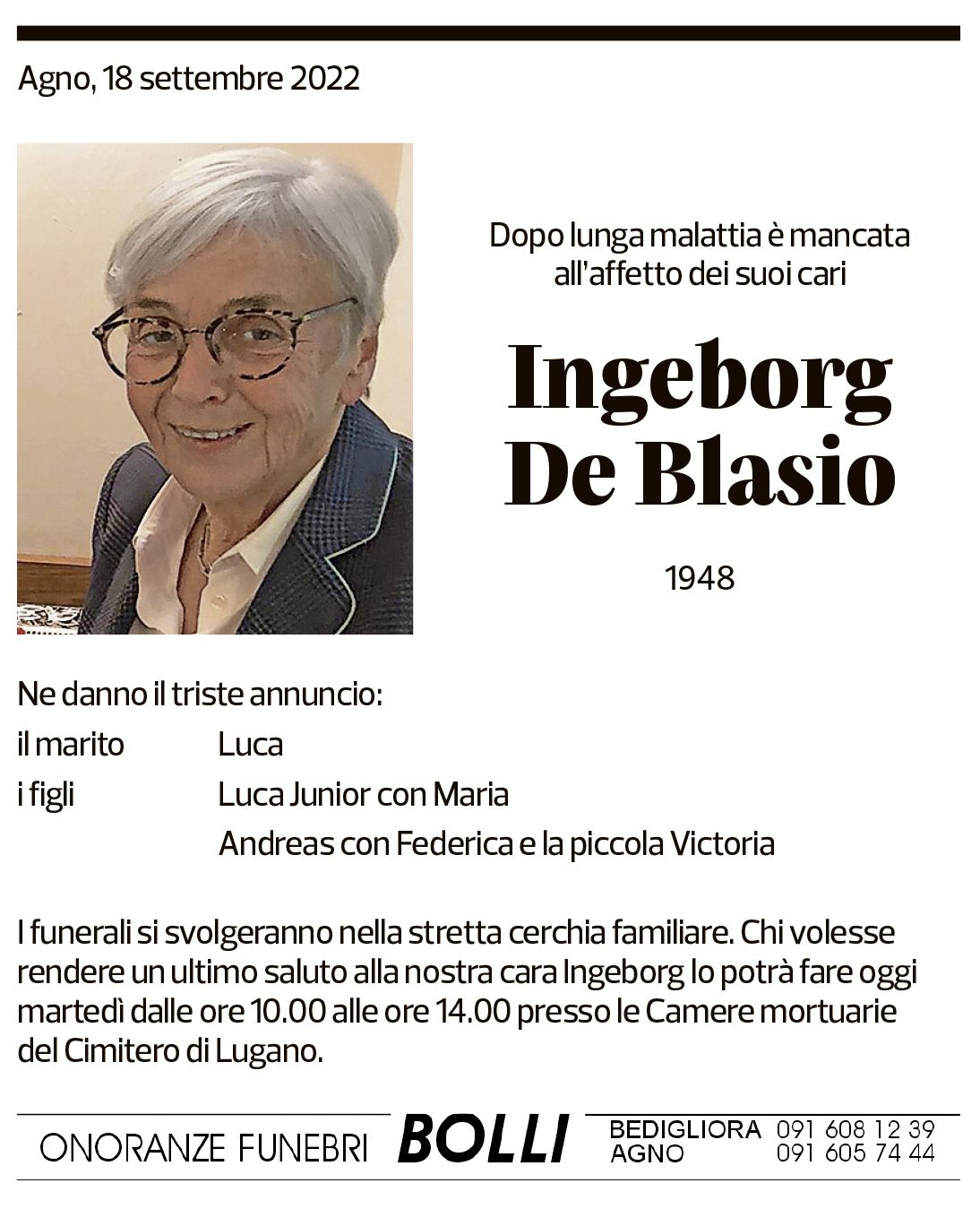 Annuncio funebre Ingeborg De Blasio