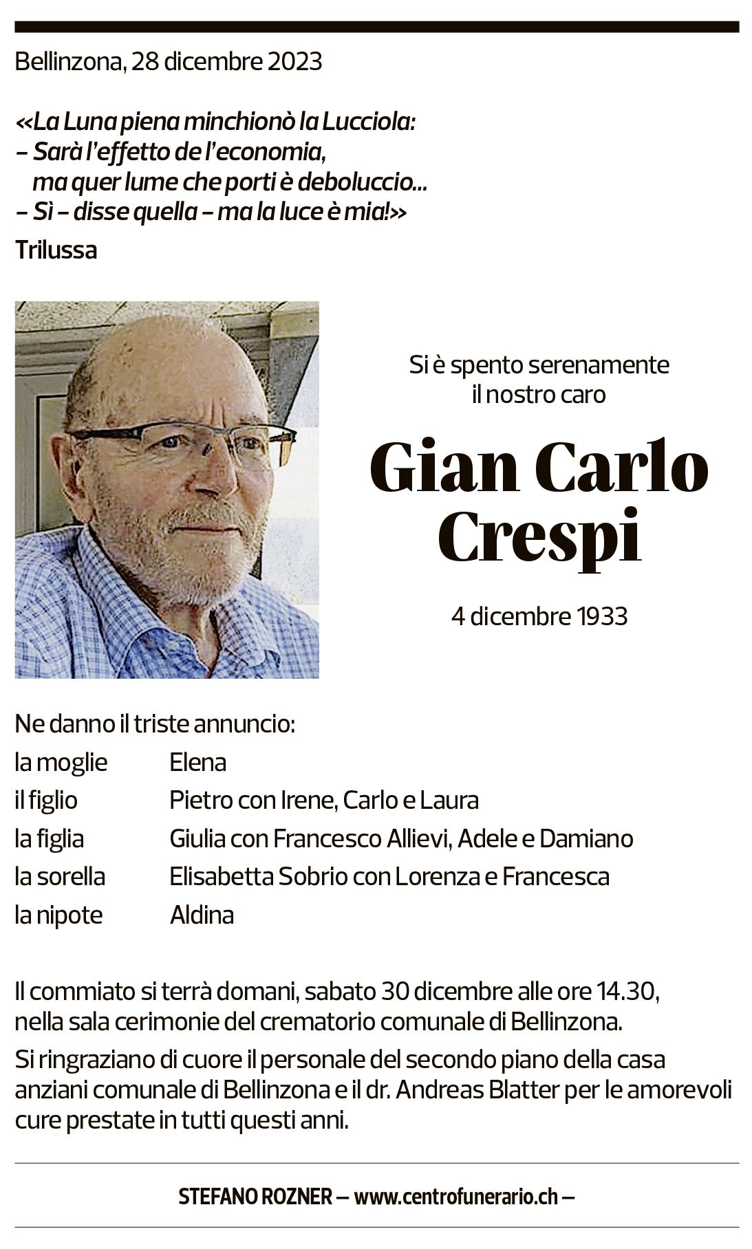 Annuncio funebre Gian Carlo Crespi