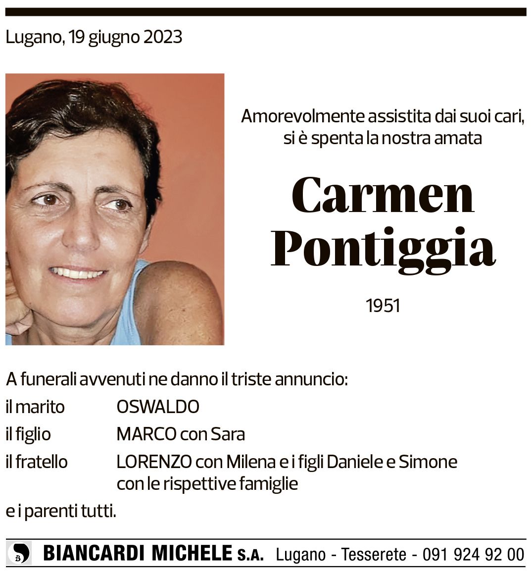 Annuncio funebre Carmen Pontiggia