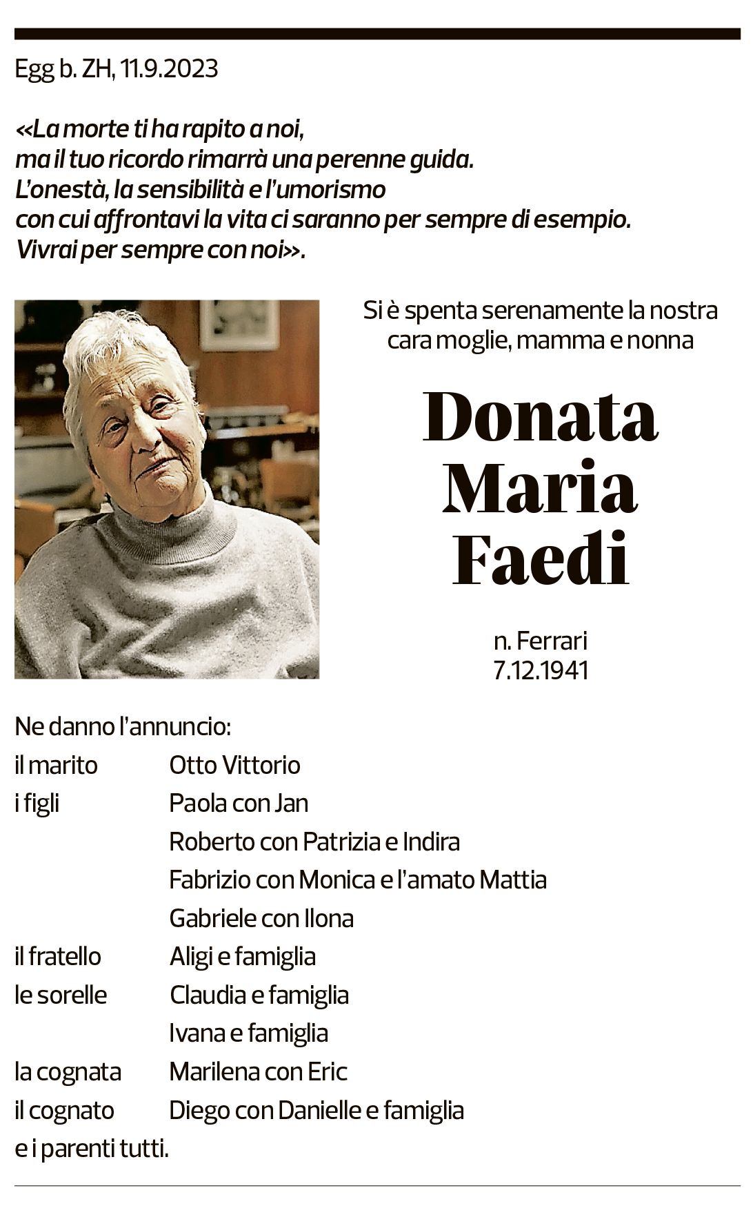 Annuncio funebre Donata Maria Faedi