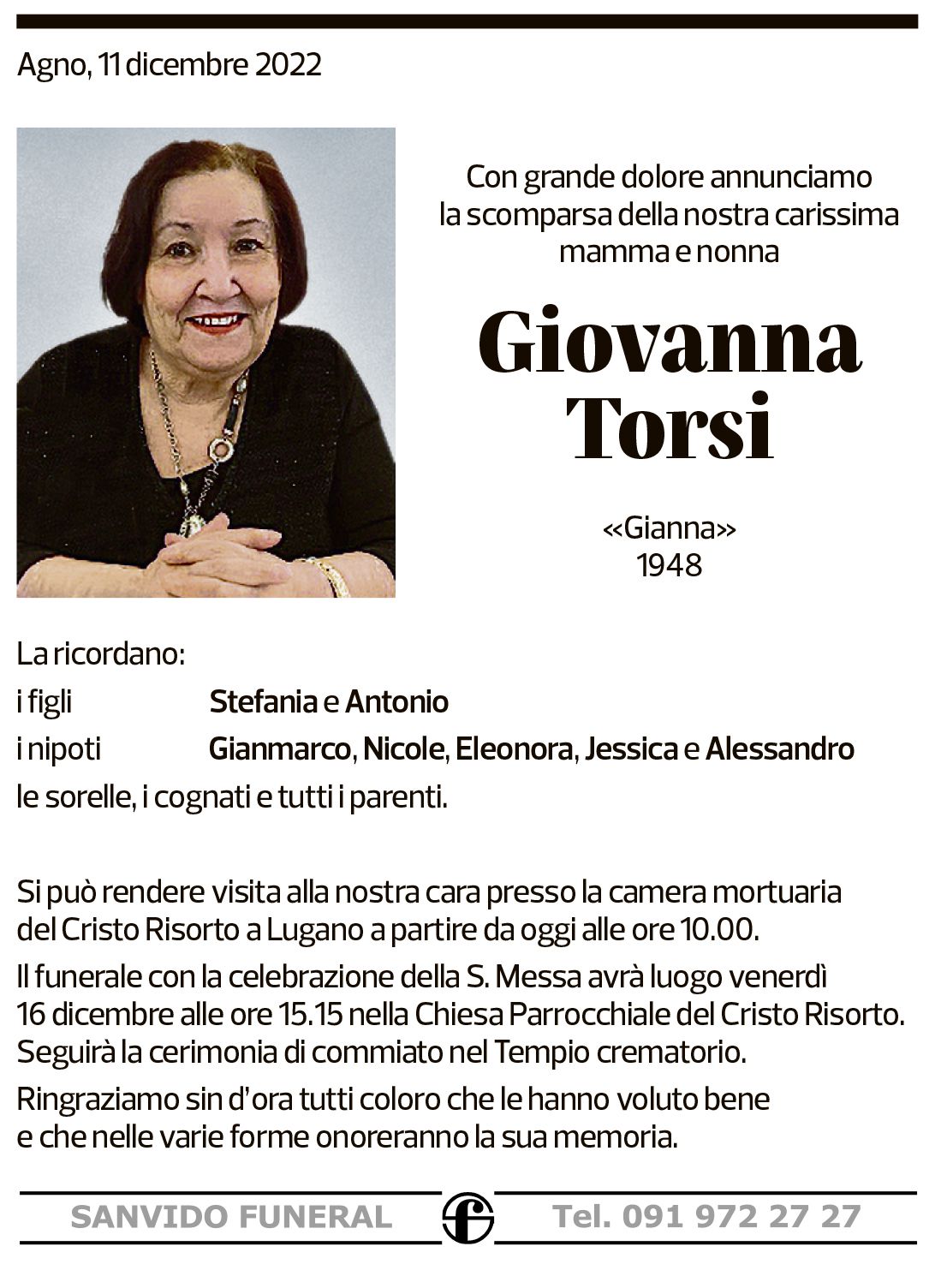 Annuncio funebre Giovanna Torsi