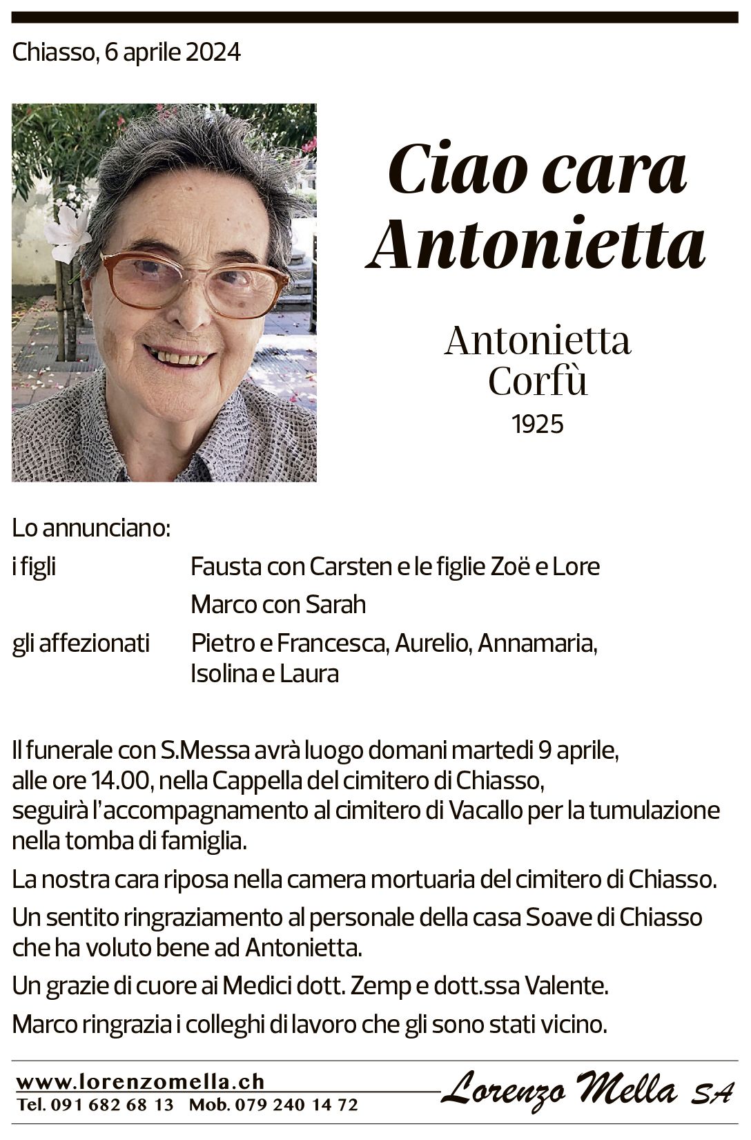 Annuncio funebre Antonietta Corfù