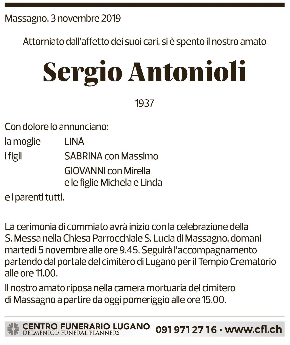 Annuncio funebre Sergio Antonioli