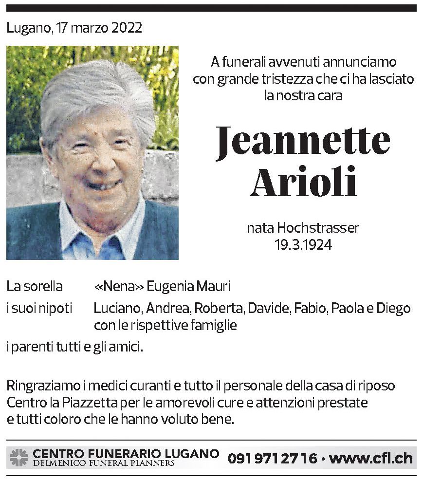 Annuncio funebre Jeannette Arioli