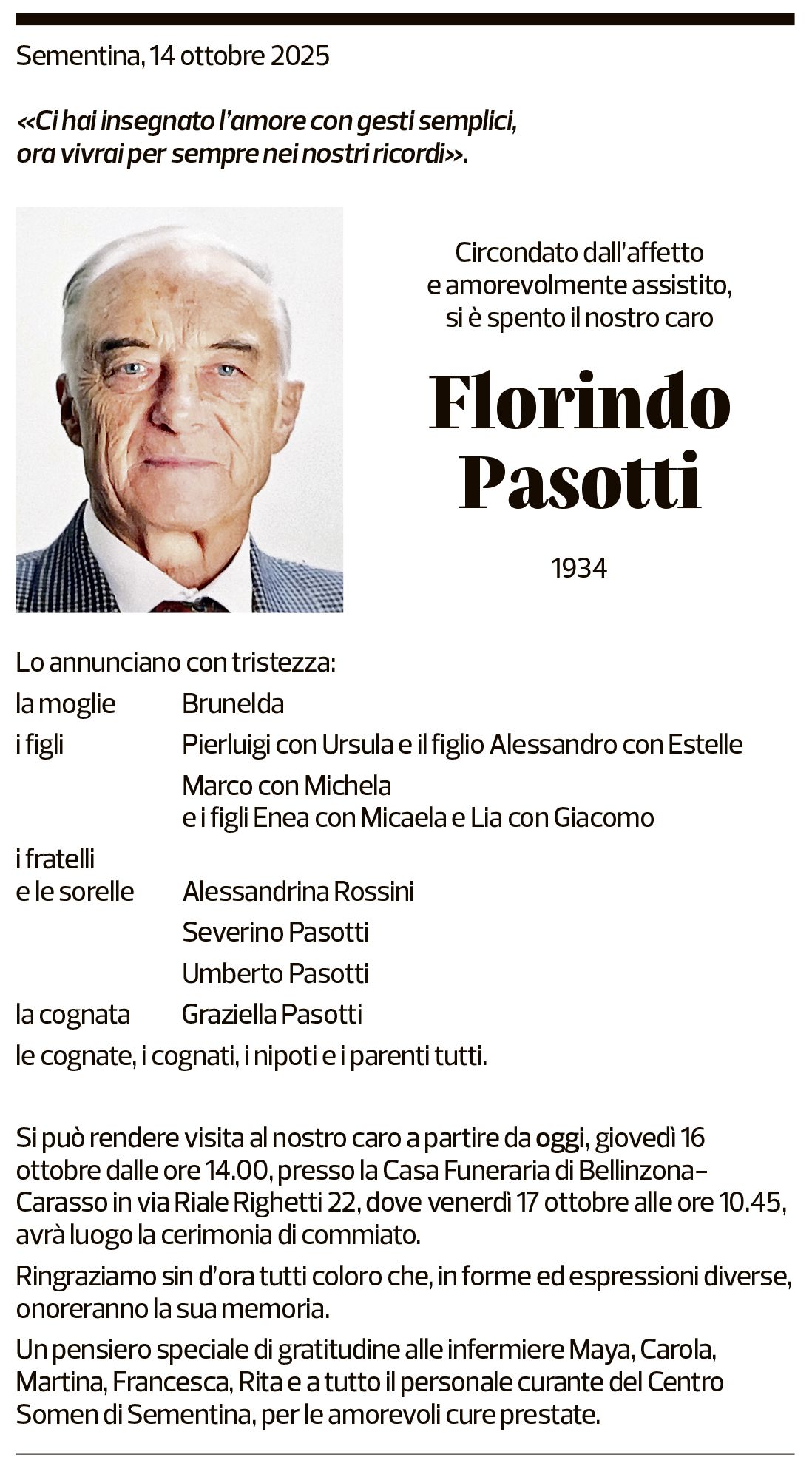 Annuncio funebre Florindo Pasotti