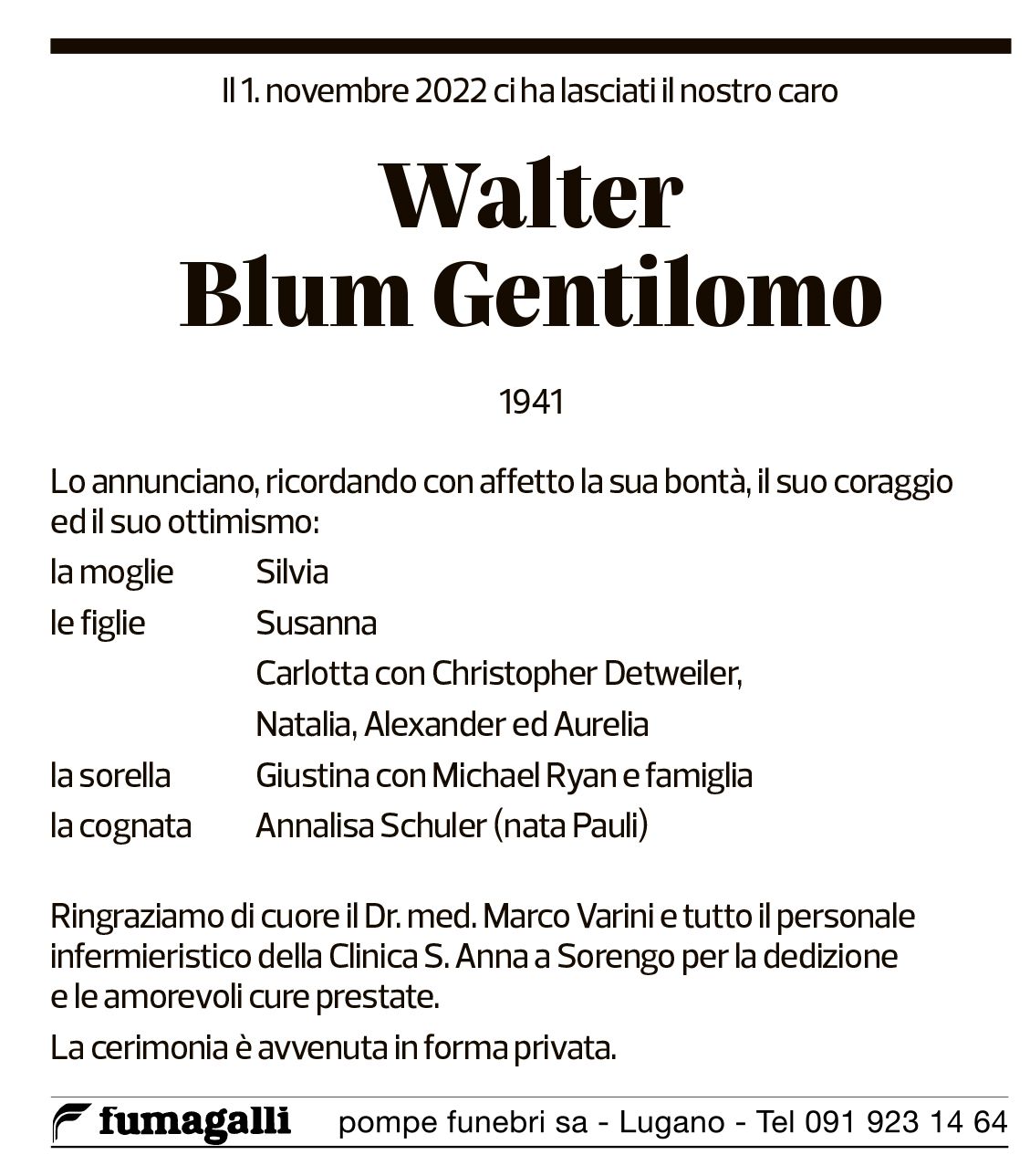 Annuncio funebre Walter Blum Gentilomo