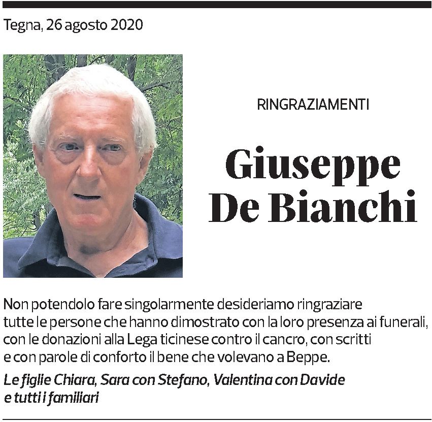 Annuncio funebre Giuseppe De Bianchi