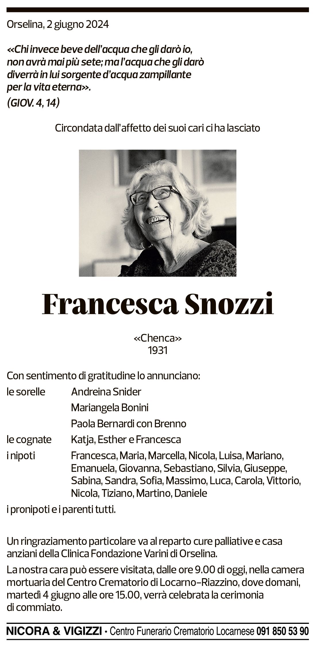 Annuncio funebre Francesca Snozzi