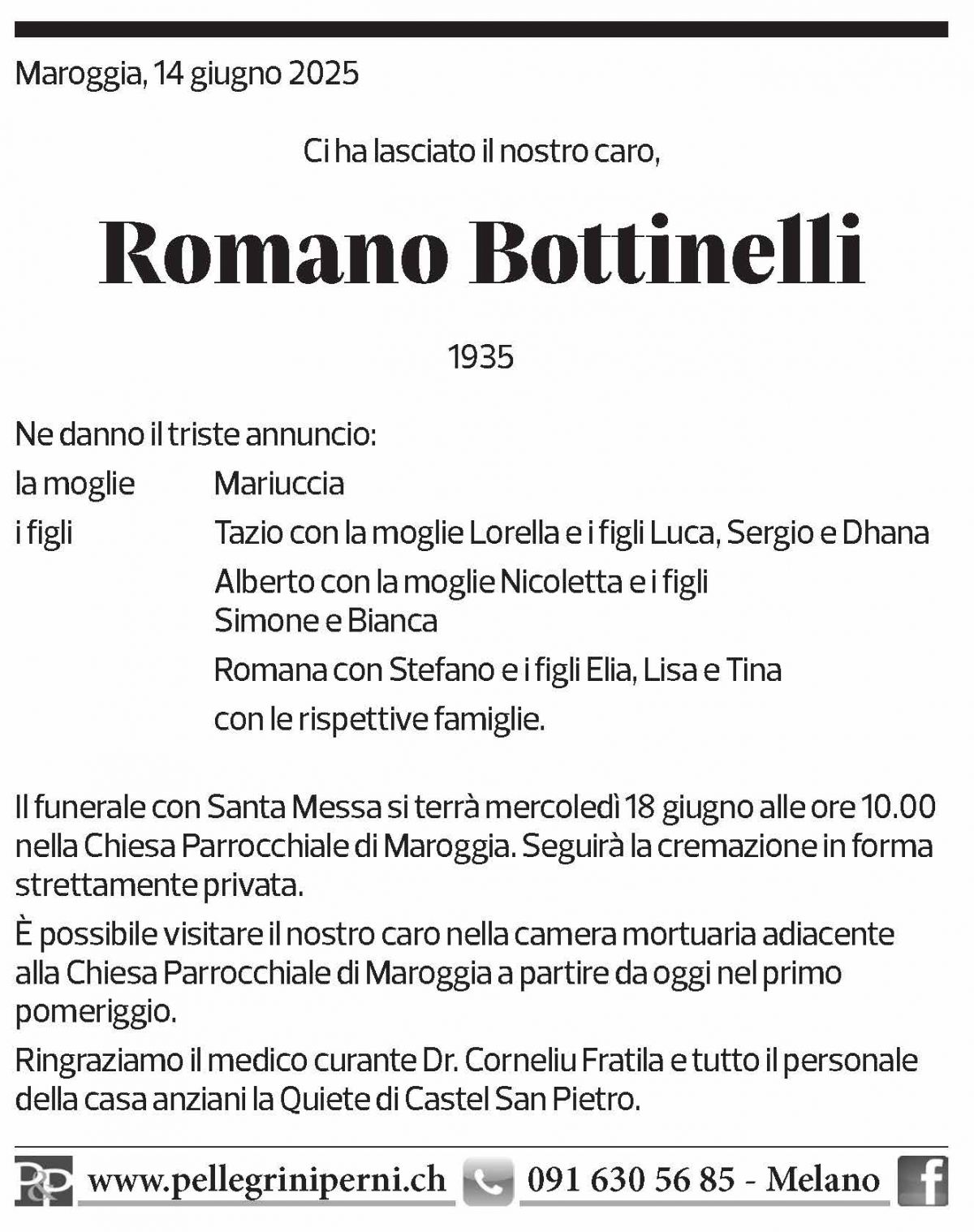 Annuncio funebre Romano Bottinelli